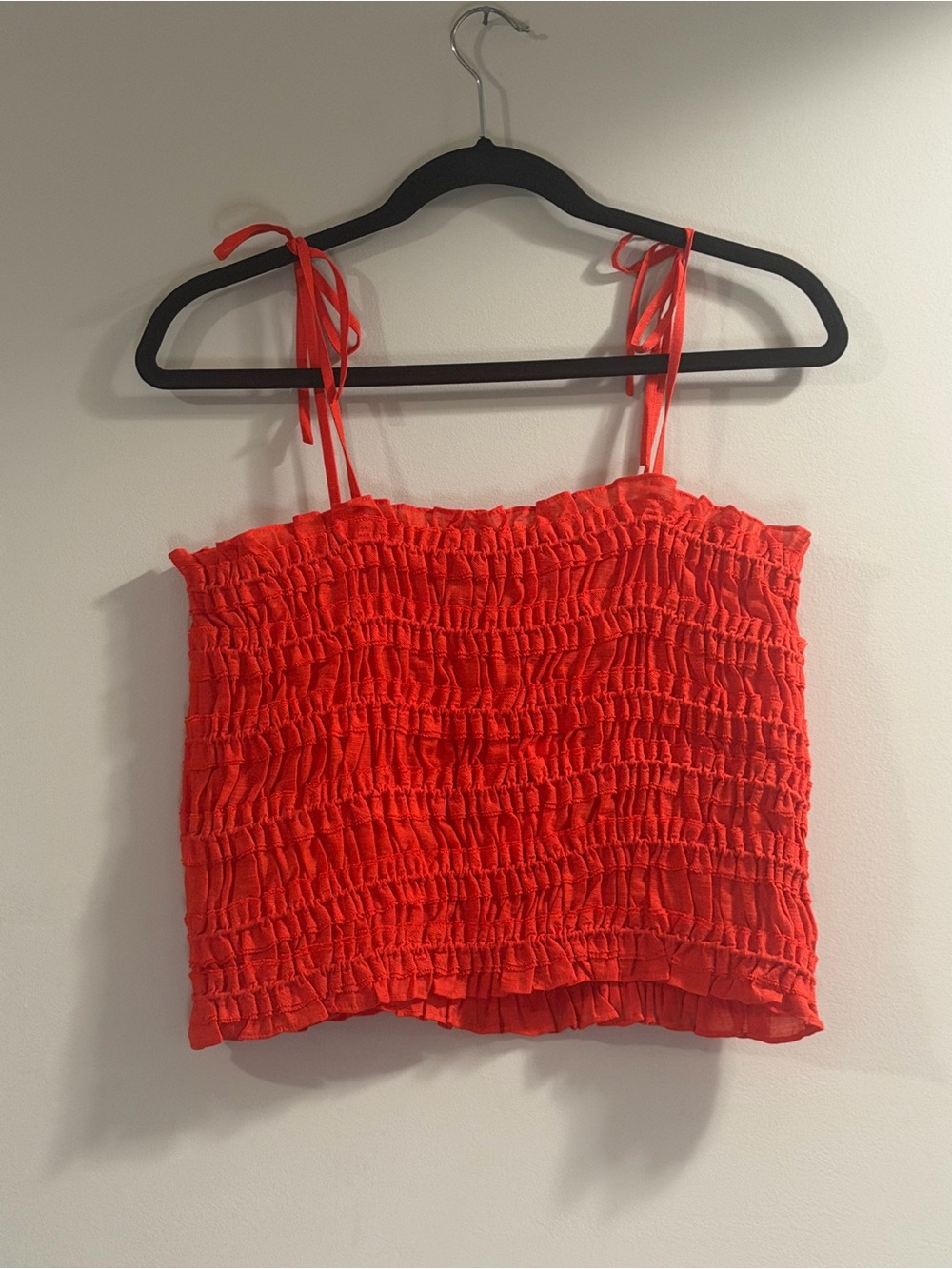 Tory Burch Red Shirred Tie-Shoulder Crop Camisole